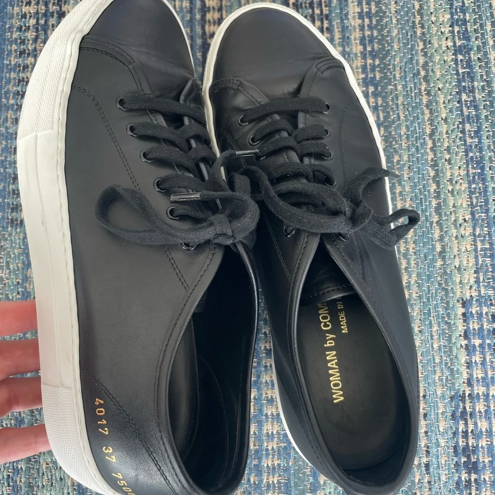 Woman by Common Projects Tournament Low Top Sneakers Black Leather Size 7.5
